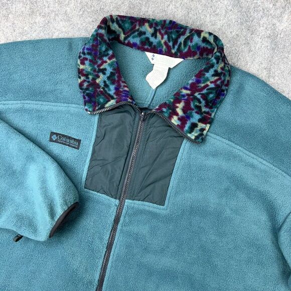 VTG Columbia Jacket Mens XL Teal‎ Blue Green Fleece Full Zip Camo Collar 80s 90s - Picture 1 of 13
